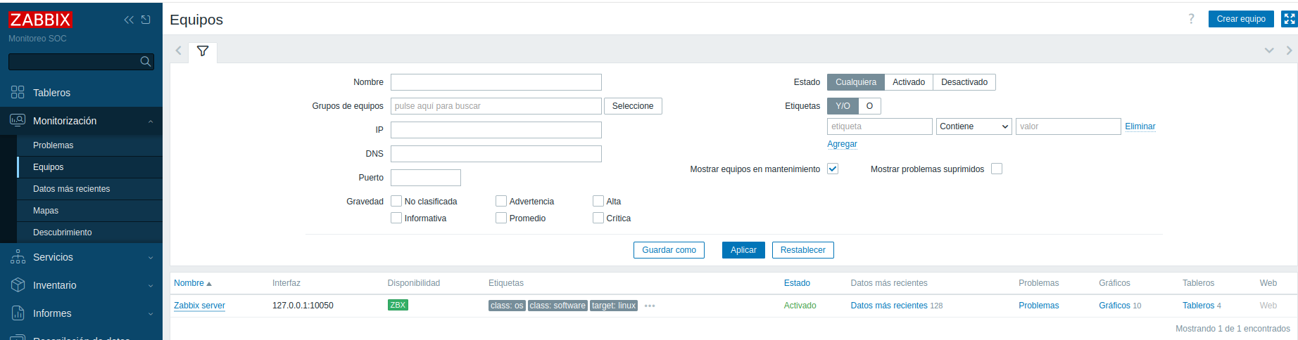 Panel Equipos de Zabbix mostrando el host activo